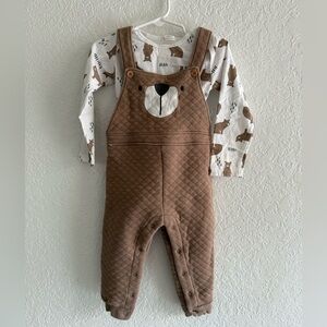 Brown Quilted Bear Overalls with White Animal Print Shirt
